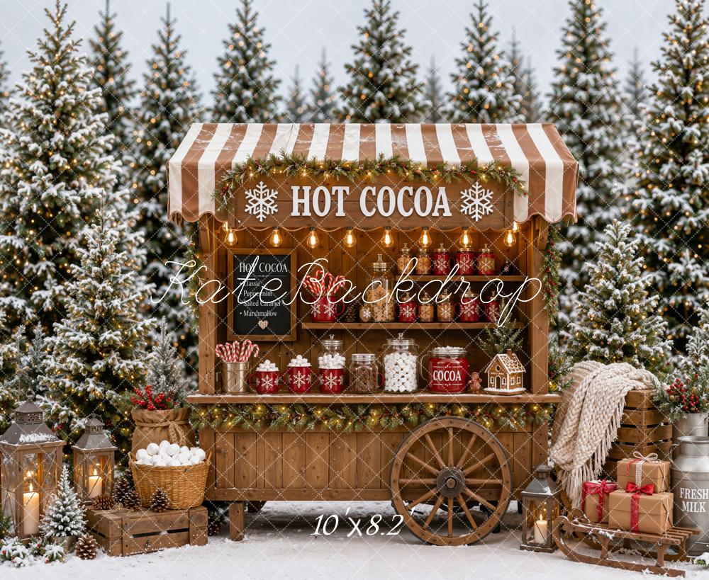 Kate Christmas Hot Cocoa Cart Snowy Forest Gifts Printed Backdrop Designed by Emetselch