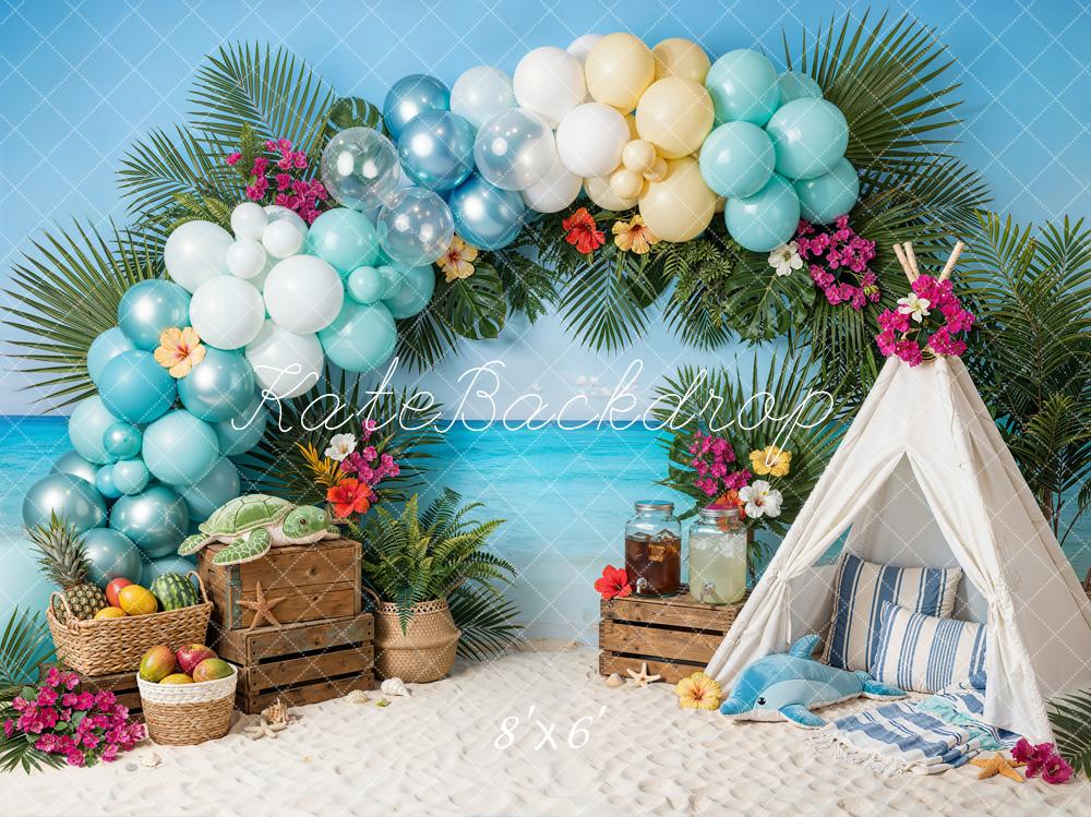 Kate Summer Beach Balloon Arch Tent Palm Leaves Backdrop Designed by Emetselch
