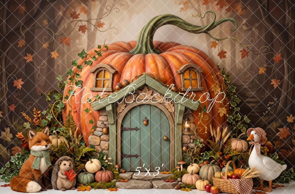 Kate Fall Pumpkin Cottage Woodland Animals Printed Backdrop Designed by Patty Roberts