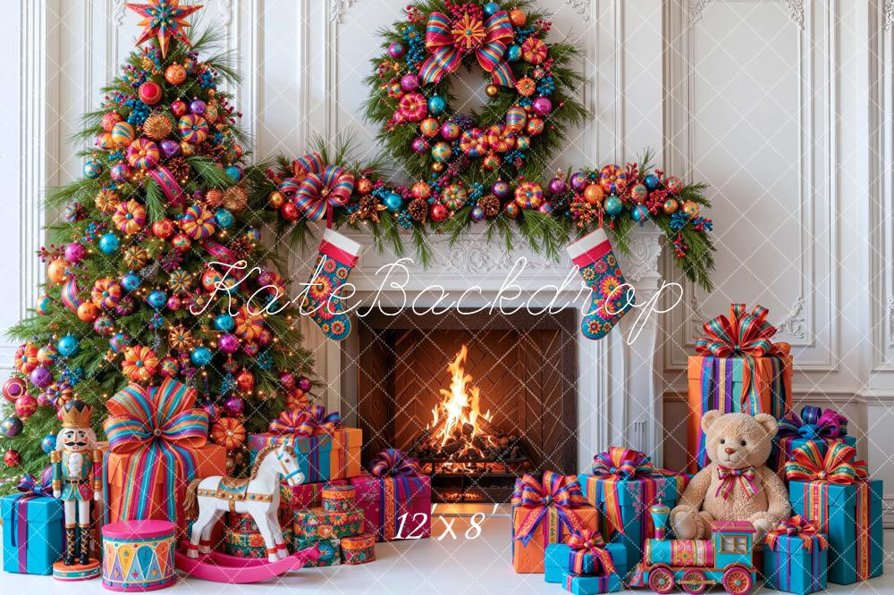 Kate Christmas Tree Fireplace Mexico Wreath Gifts Printed Backdrop Designed by Mini MakeBelieve