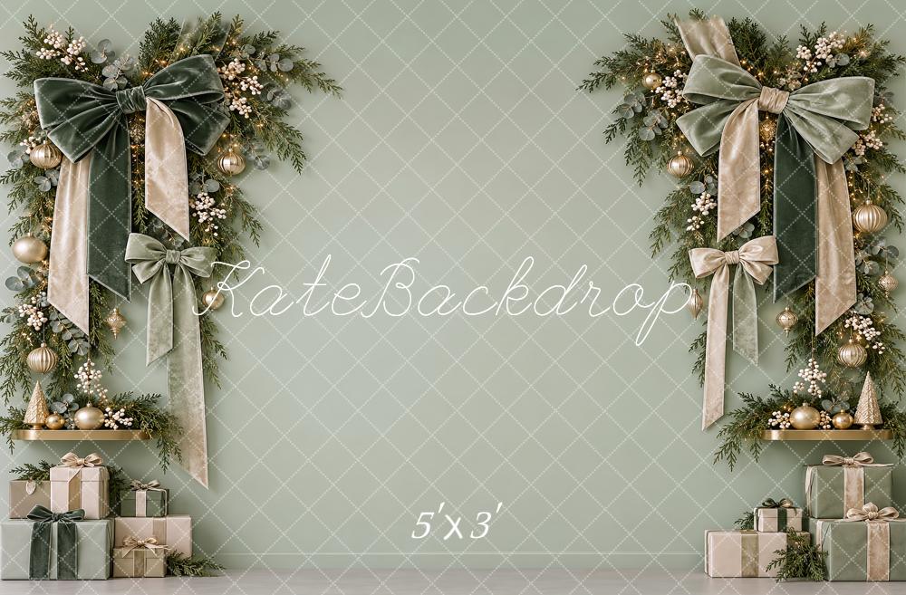 Kate Christmas Sage Green Wreath Velvet Bows Printed Backdrop Designed by Vertigo Productions
