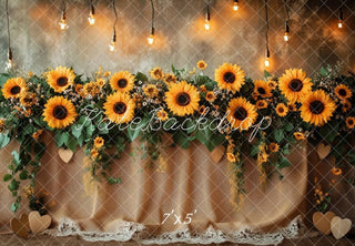 Kate Sunflower Garland Lights Rustic Printed Backdrop Designed by Patty Roberts