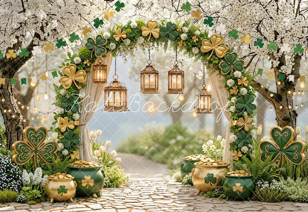 Kate Shamrock St. Patrick's Day Flower Arch Gold Pot of Gold Backdrop Designed by Emetselch