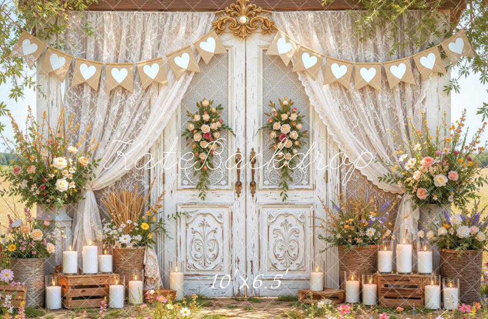 Kate Spring Vintage French Doors Floral Lace Hearts Printed Backdrop Designed by Mini MakeBelieve