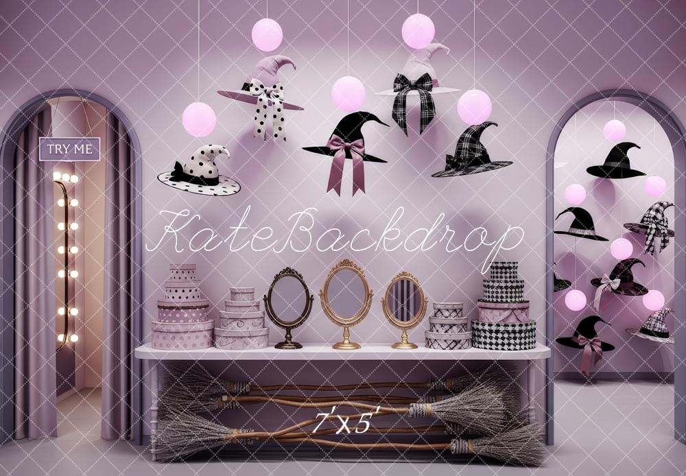 Kate Halloween Witch Hat Vanity Brooms Purple Backdrop Designed by Patty Roberts