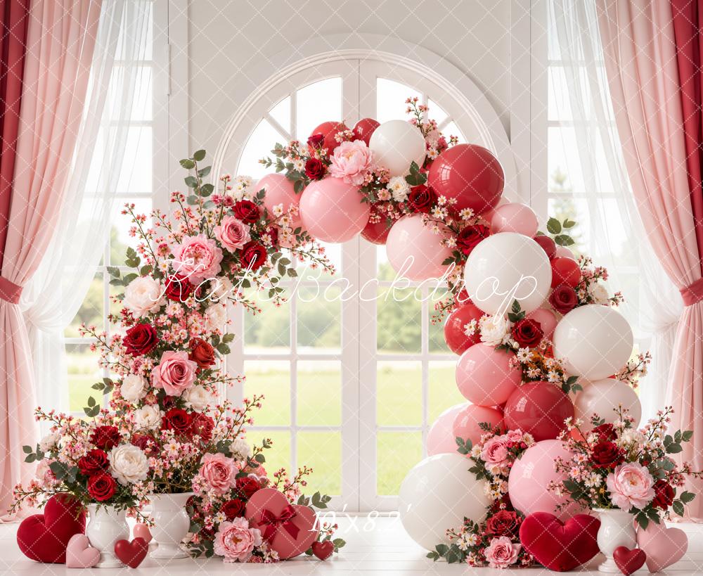 Kate Valentine's Day Floral Balloon Arch Window Curtains Roses Printed Backdrop Designed by Emetselch