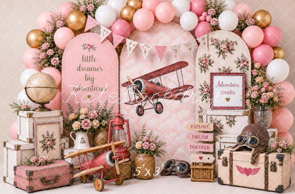 Kate Cake Smash Pink Airplane Balloons Floral Suitcases Adventure Printed Backdrop Designed by Shutter Swan Studios