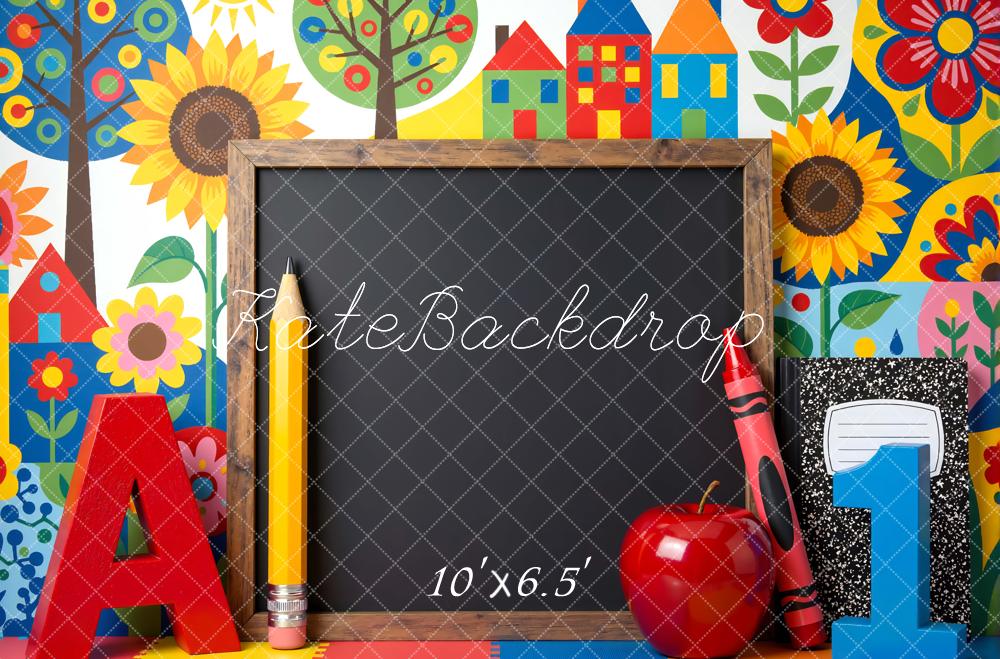 Kate Back to School Chalkboard Colorful Houses Sunflowers Backdrop Designed by Mini MakeBelieve