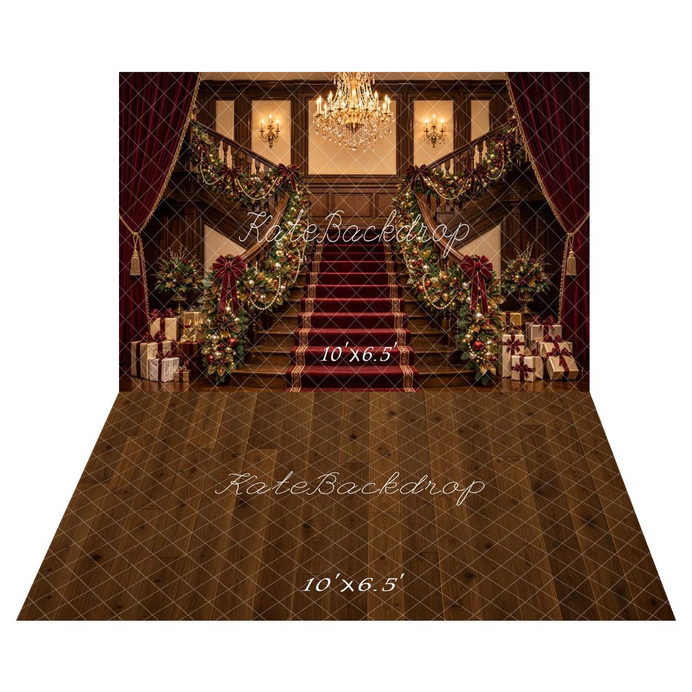 Kate Christmas Grand Staircase Chandelier Garland Printed Backdrop+Brown Wood Panel Floor Printed Backdrop