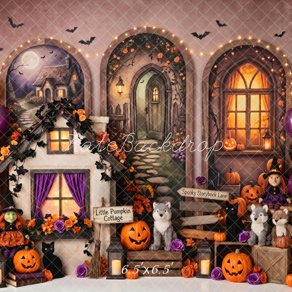 Kate Halloween Birthday Storybook Haunted Houses Pumpkins Printed Backdrop Designed by Patty Roberts