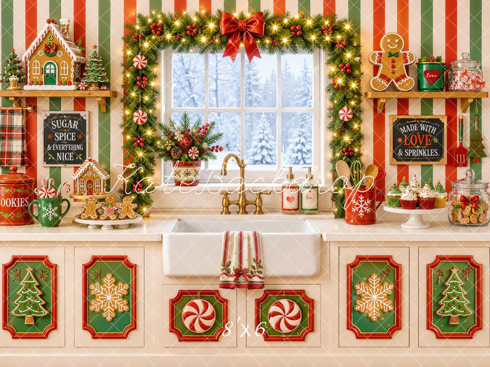 Kate Christmas Kitchen Gingerbread Cookies Garland Striped Wall Printed Backdrop Designed by Emetselch