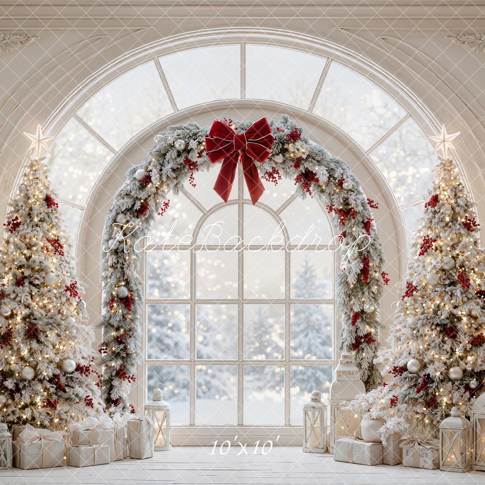 Kate Christmas Trees Arch Window Red Bow Snowy Printed Backdrop Designed by Emetselch