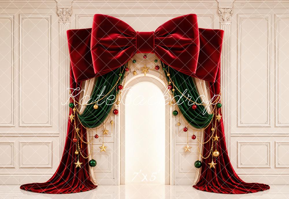 Kate Christmas Red Velvet Bow Arch Ornaments Printed Backdrop Designed by Emetselch