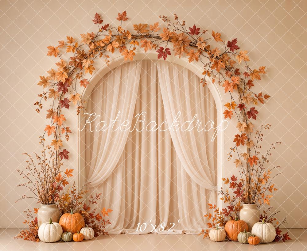 Kate Fall Maple Leaves Arch Pumpkins Beige Wall Printed Backdrop Designed by Emetselch