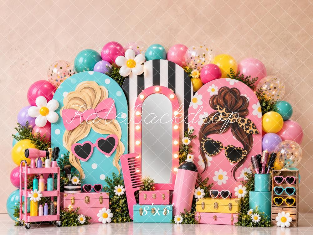 Kate Cake Smash Pink Retro Beauty Salon Vanity Mirror Printed Backdrop Designed by Laura Bybee