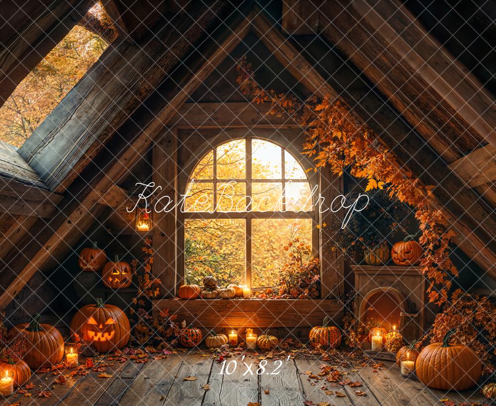 Kate Halloween Attic Arched Window Pumpkins Candles Backdrop Designed by Emetselch