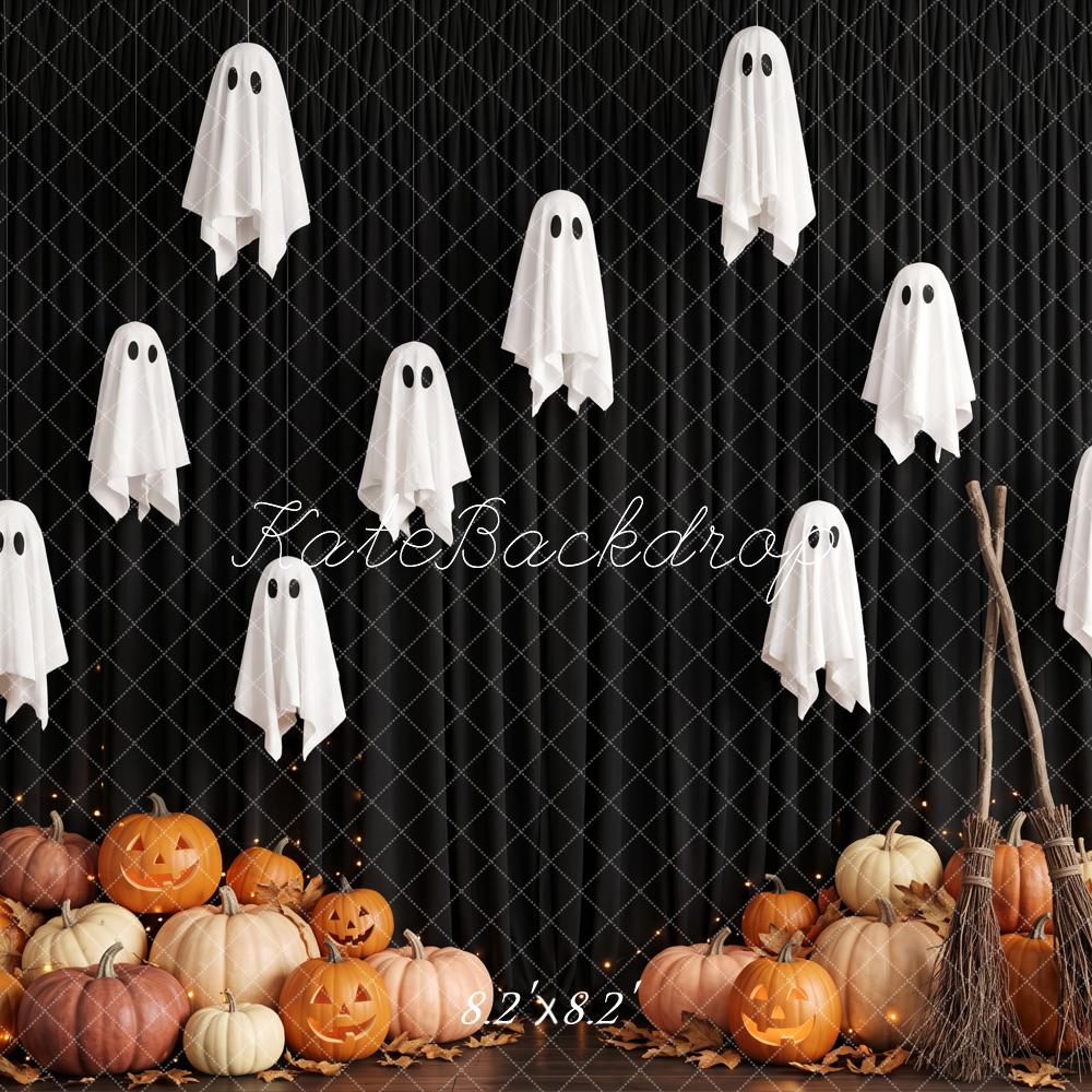 Kate Halloween Ghost Pumpkin Broom Black Wall Printed Backdrop Designed by Patty Roberts