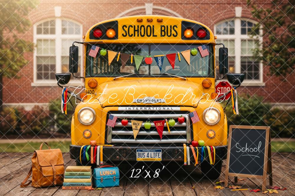 Kate Back To School Yellow School Bus Chalkboard Backpack Printed Backdrop Designed by Patty Roberts