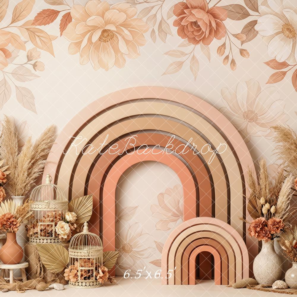 Kate Boho Cake Smash Flower Arch Rainbow Dried Flowers Printed Backdrop Designed by Patty Roberts