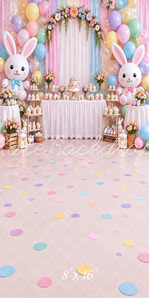 Kate Sweep Easter Birthday Bunny Pastel Balloon Arch Dessert Table Printed Backdrop Designed by Vertigo Productions