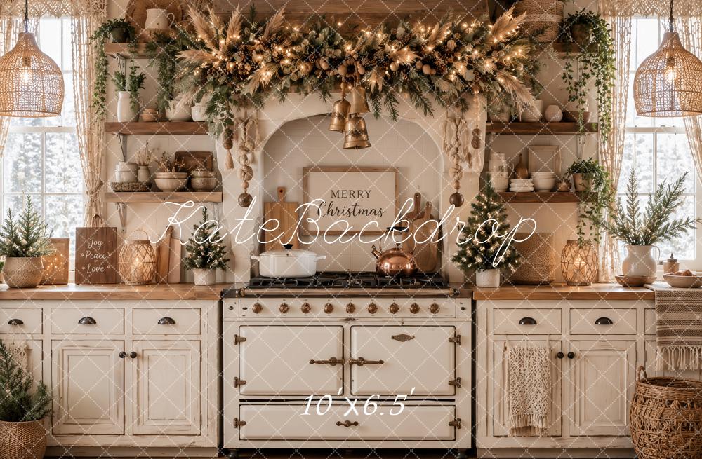 Kate Christmas Kitchen Boho Farmhouse Garland White Cabinet Printed Backdrop Designed by Ashley Paul