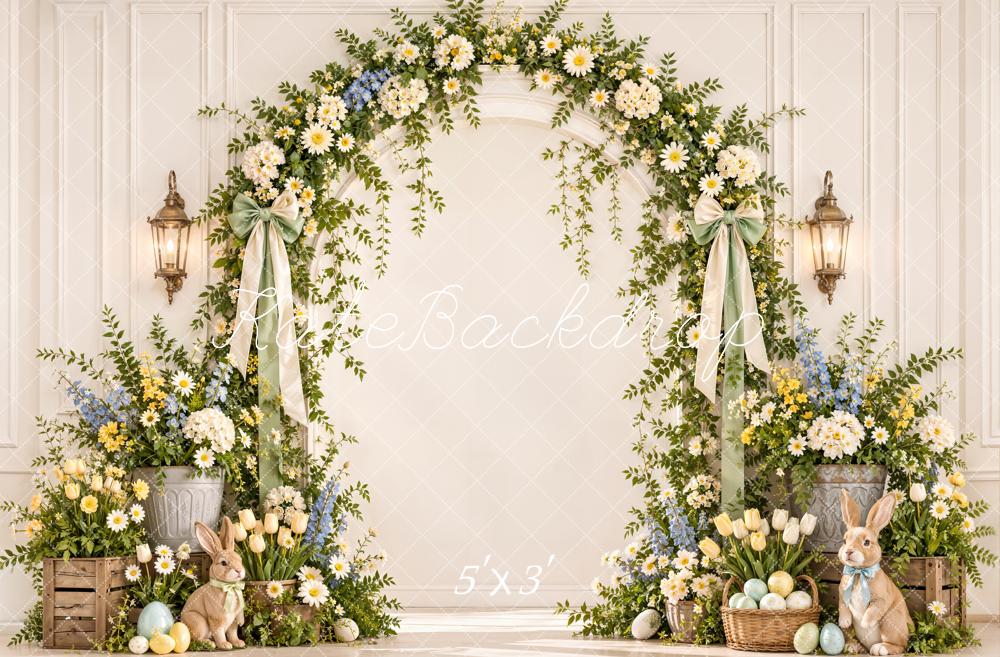Kate Spring Easter Flower Arch Bunny Pastel Eggs White Wall Printed Backdrop Designed by Emetselch