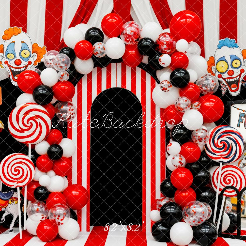 Kate Halloween Circus Carnival Clown Balloon Arch Red Stripes Backdrop Designed by Patty Roberts