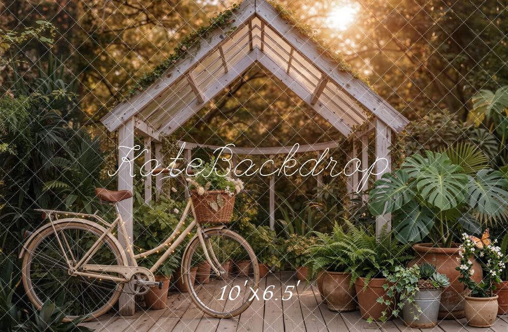 Kate Summer Garden Greenhouse Bicycle Potted Plants Printed Backdrop Designed by Emetselch