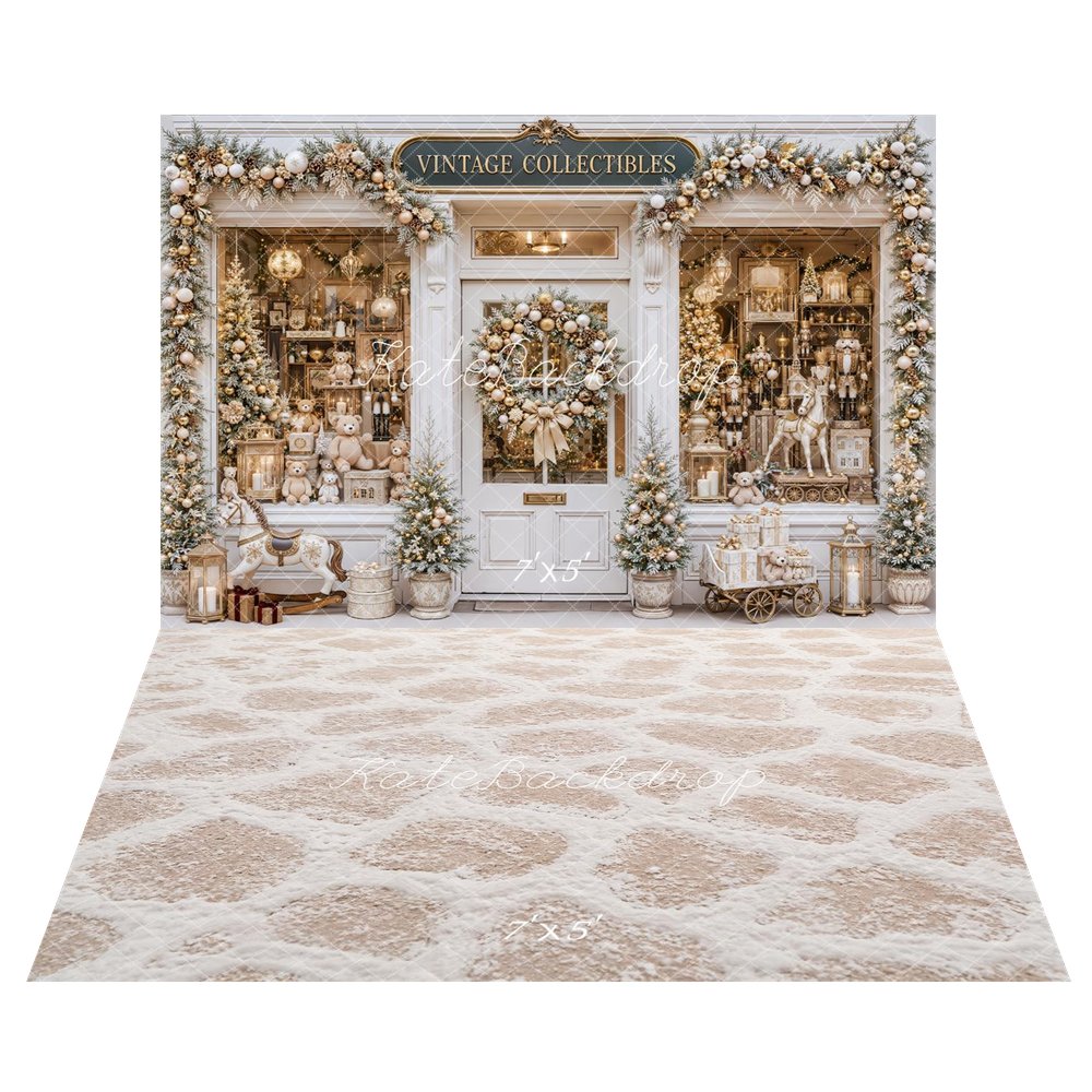 Kate Christmas Vintage Collectibles Nutcracker Storefront Printed Backdrop+Beige Cobblestone Snowy Floor Printed Backdrop
