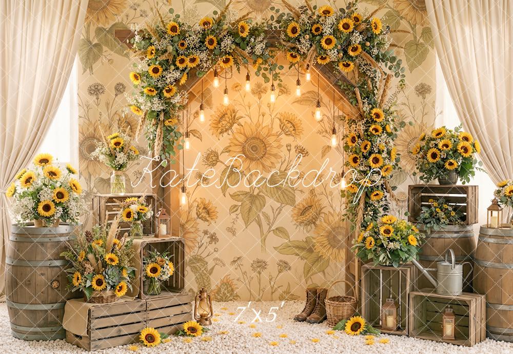Kate Sunflower Flower Arch Rustic Barrels Crates Printed Backdrop Designed by Emetselch