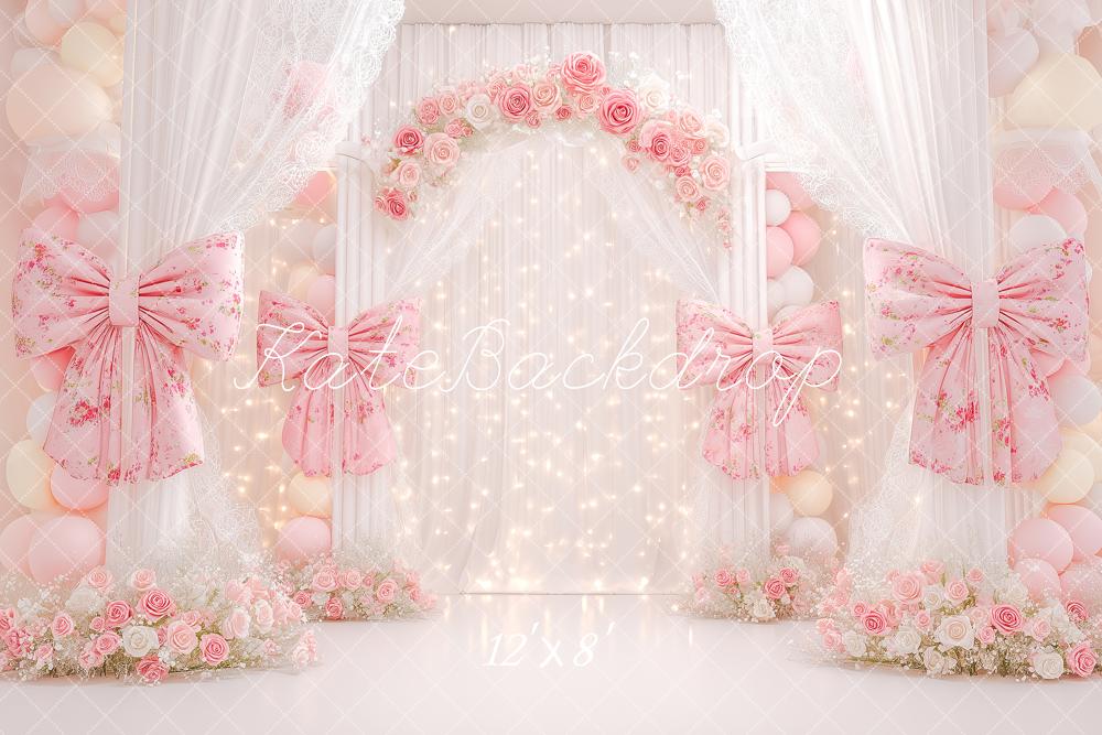 Kate Prom Pink Flower Arch Bows Curtains Balloons Backdrop Designed by Angela Miller