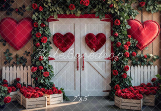 Kate Valentine's Day Barn Door Red Hearts Roses Printed Backdrop Designed by Mini MakeBelieve
