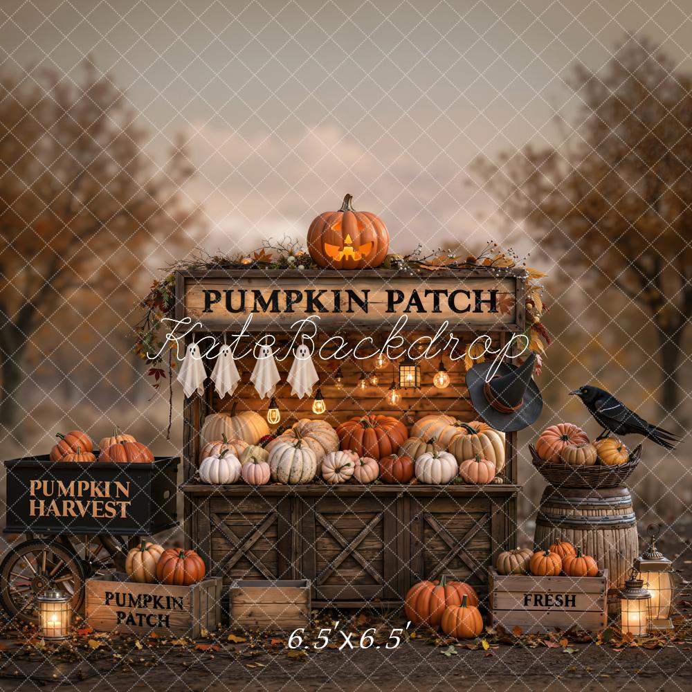 Kate Halloween Pumpkin Patch Ghosts Harvest Stand Forest Printed Backdrop Designed by Emetselch