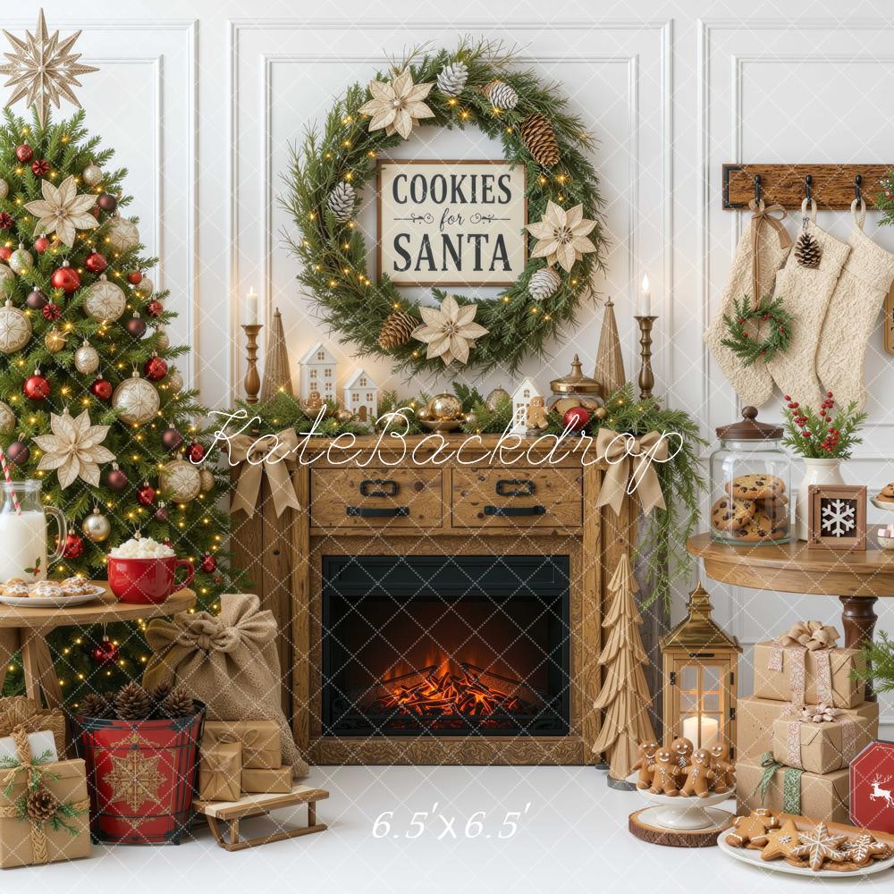 Kate Christmas Tree Fireplace Cookies Santa Wreath Table Printed Backdrop Designed by Mini MakeBelieve