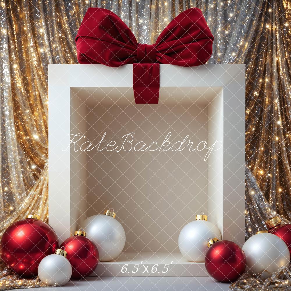 Kate Christmas Gift Box Red Bow Ornaments Gold Glitter Drapes Printed Backdrop Designed by Mini MakeBelieve
