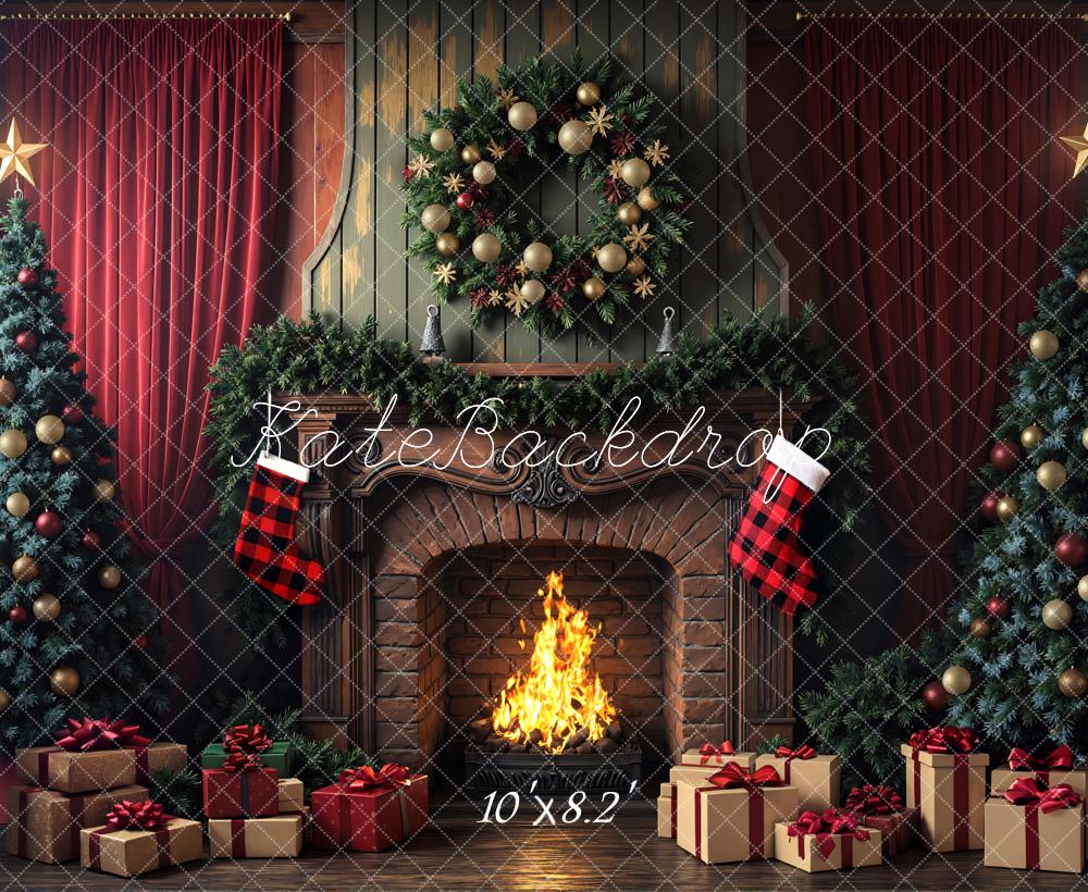 Kate Christmas Fireplace Wreath Tree Gifts Red Curtains Backdrop Designed by Mini MakeBelieve