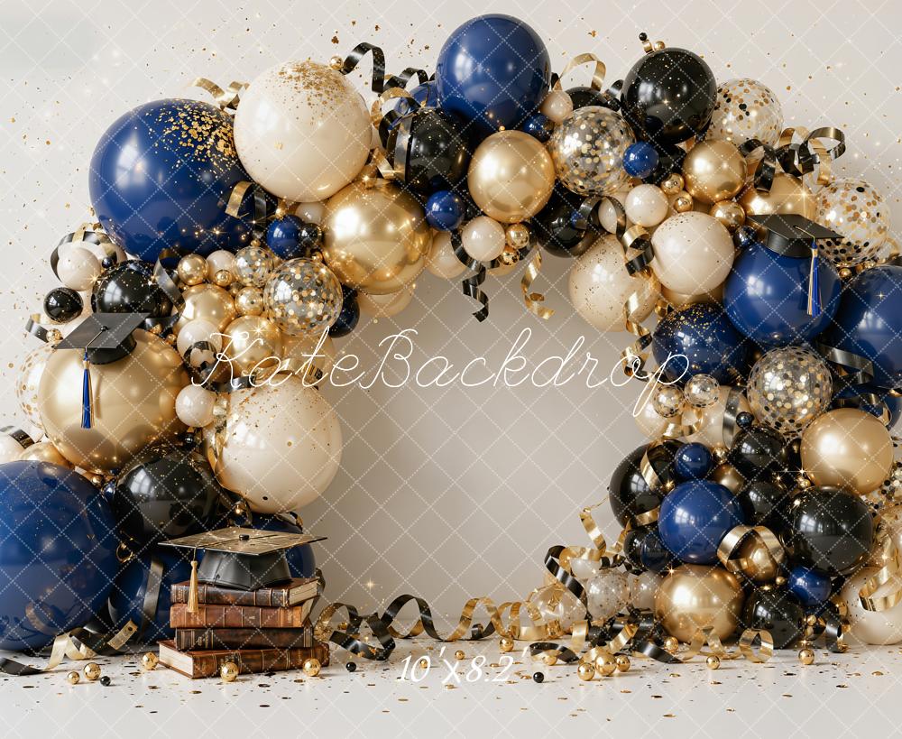 Kate Graduation Balloon Arch Stacked Books Navy Gold Printed Backdrop Designed by Emetselch
