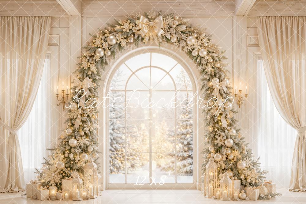 Kate Christmas Flower Arch Cream Window Presents Curtains Printed Backdrop Designed by Emetselch