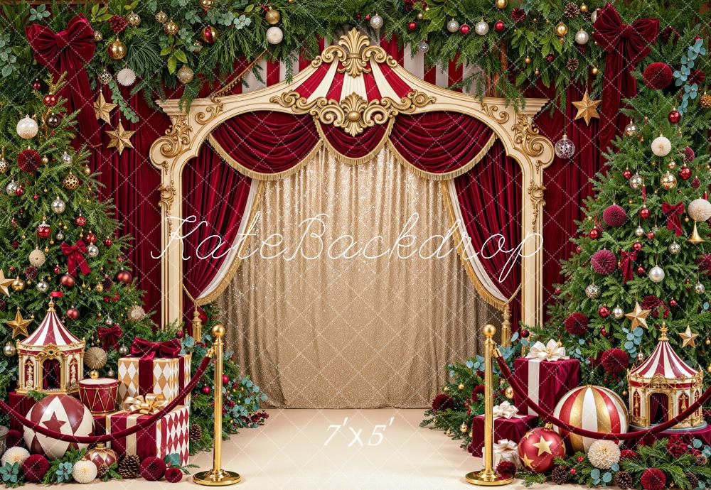 Kate Christmas Trees Carousel Circus Red Curtains Ball Printed Backdrop Designed by Mini MakeBelieve
