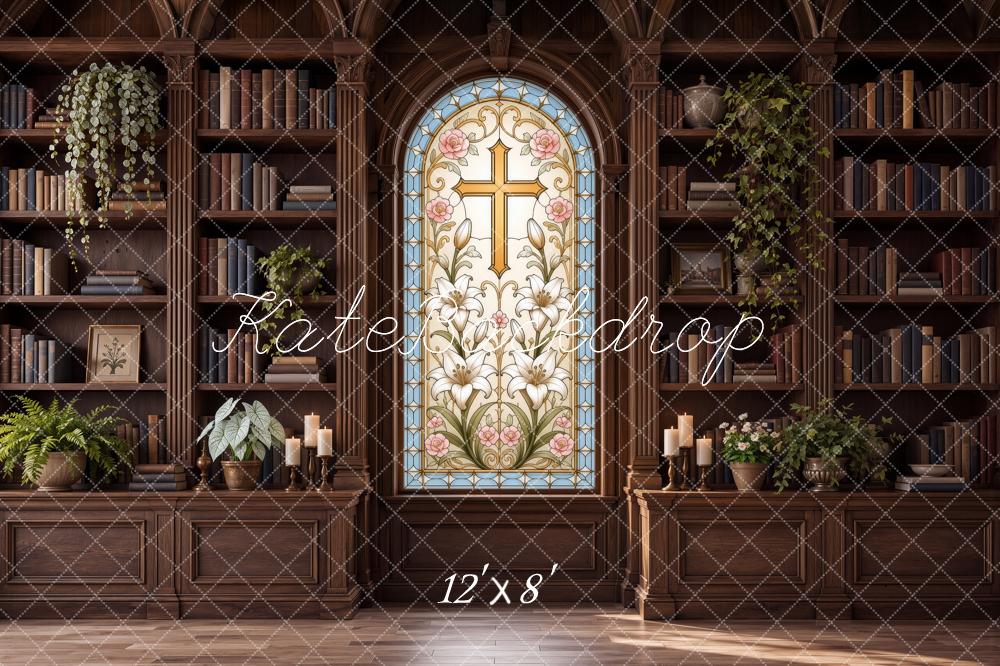Kate Christian Ministry Stained Glass Cross Pastor Library Printed Backdrop Designed by Ashley Ward