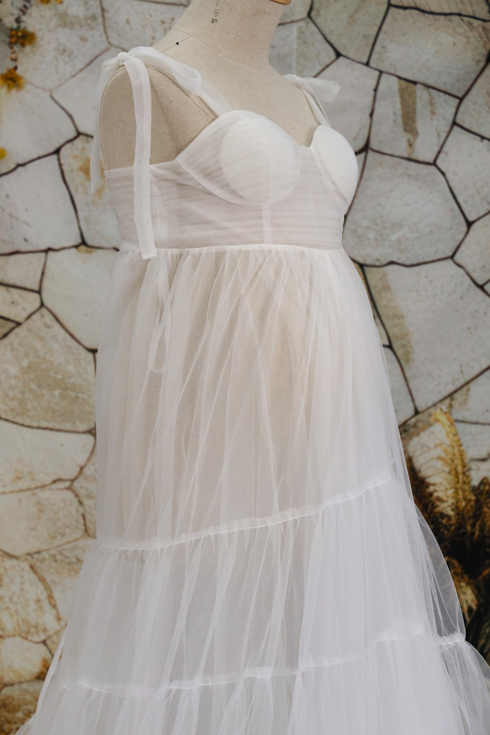 Vestido de fotos de maternidad sin tirantes de malla multicolor diseñado por