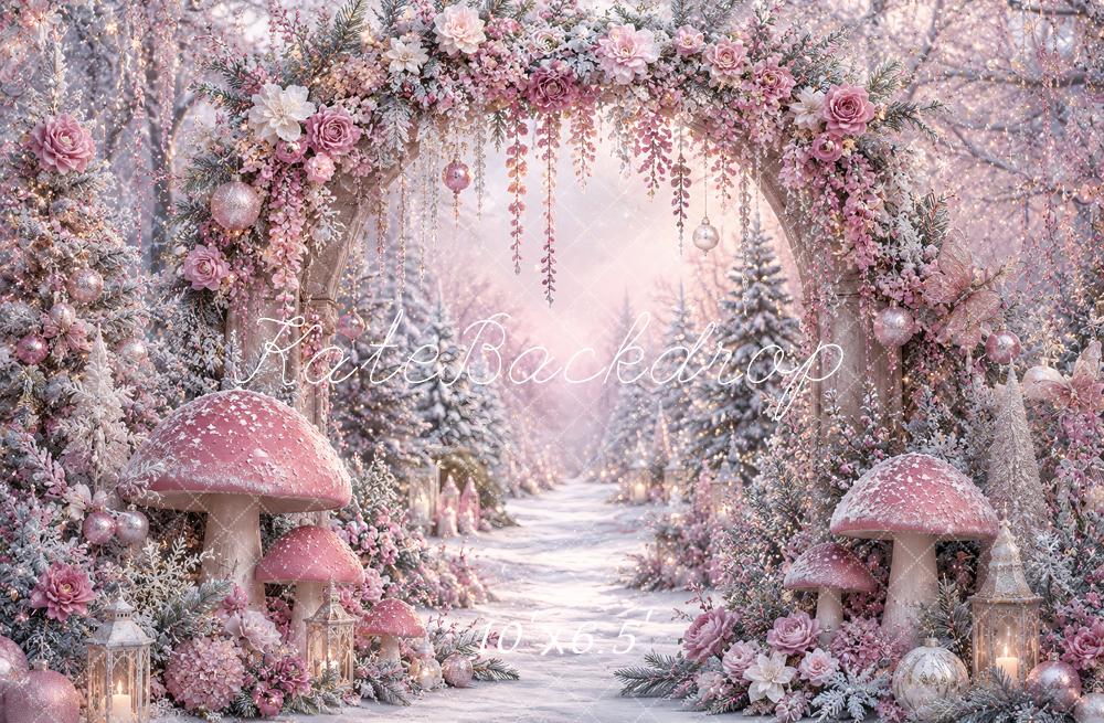 Kate Winter Wonderland Mushrooms Pink Floral Arch Snowy Forest Printed Backdrop Designed by Ashley Paul