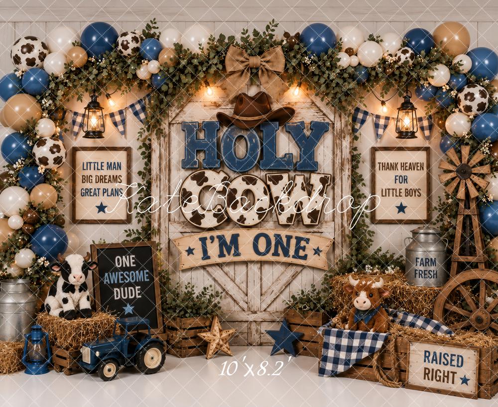 Kate Cake Smash Cowboy Farm First Birthday Balloons Blue Printed Backdrop Designed by Ashley Paul