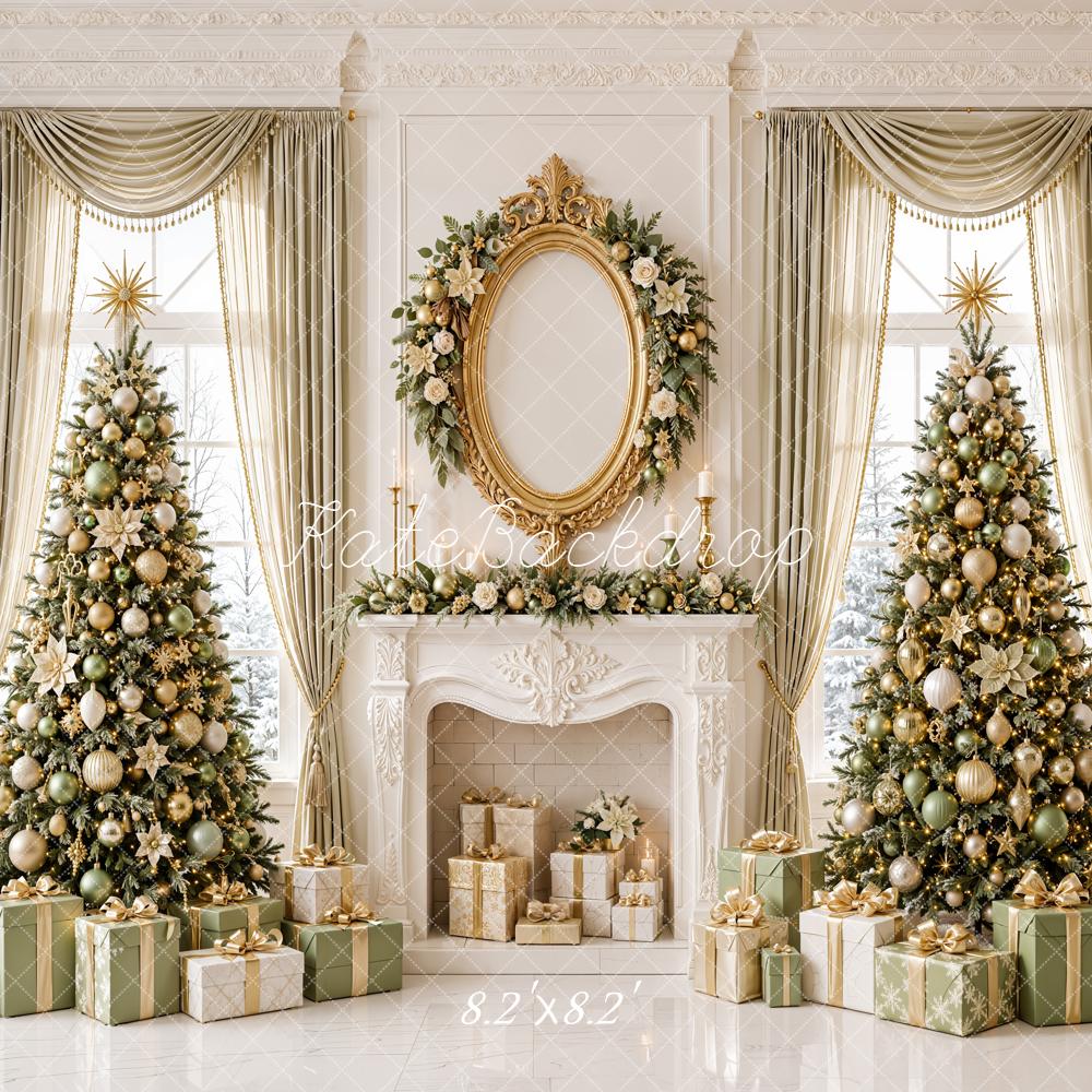 Kate Christmas Gold Twin Trees Retro Fireplace Printed Backdrop Designed by Emetselch