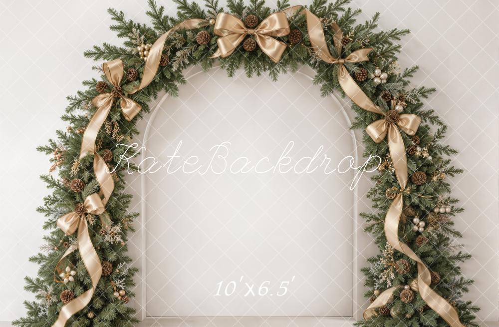 Kate Christmas Evergreen Garland Arch Champagne Ribbon Bows Printed Backdrop Designed by Emetselch