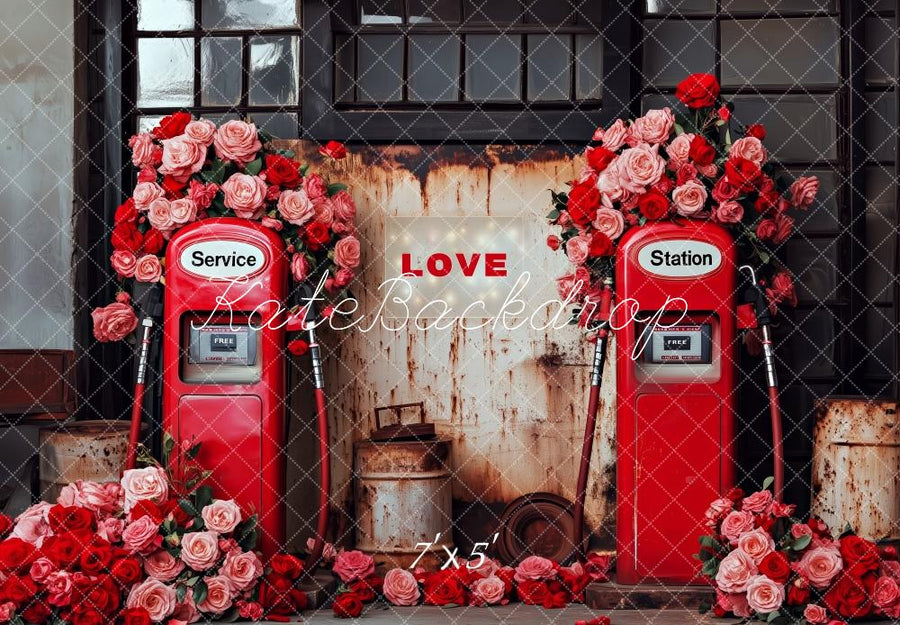 Vintage Red Gas Pumps Romance Backdrop