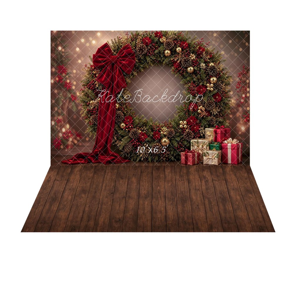 Kate Christmas Large Wreath Red Bow Presents Printed Backdrop+Brown Wood Floor Printed Backdrop
