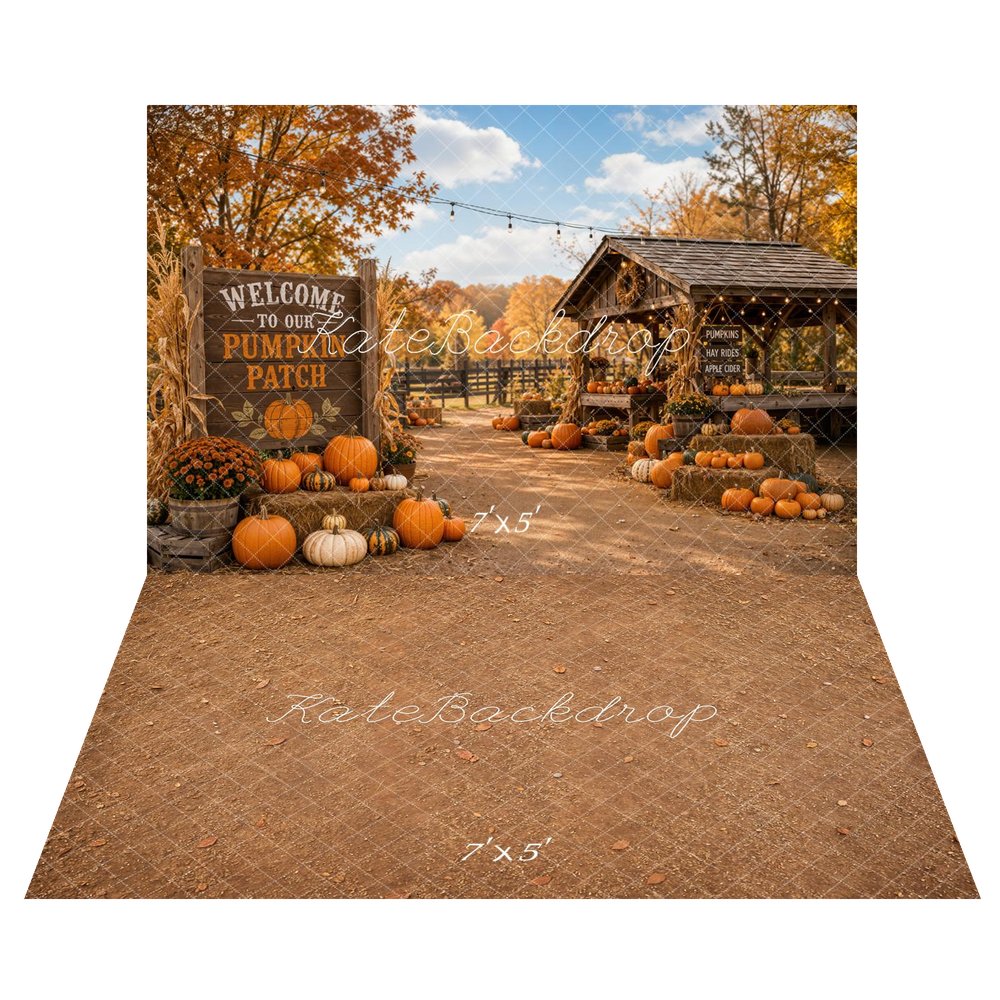 Kate Fall Pumpkin Patch Barn Sign Printed Backdrop+Brown Rustic Dirt Texture Printed Floor Backdrop