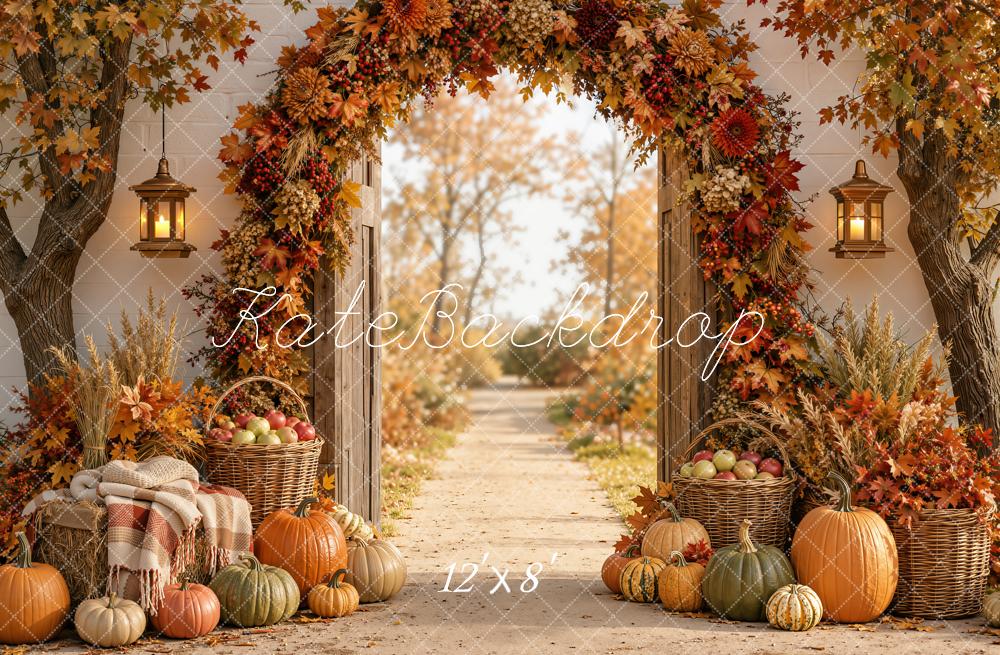 Kate Fall Flower Arch Pumpkin Baskets Garden Path Printed Backdrop Designed by Emetselch