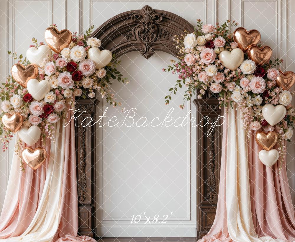 Kate Valentine's Day Flower Arch Heart Balloons Draped Curtains Printed Backdrop Designed by Mini MakeBelieve